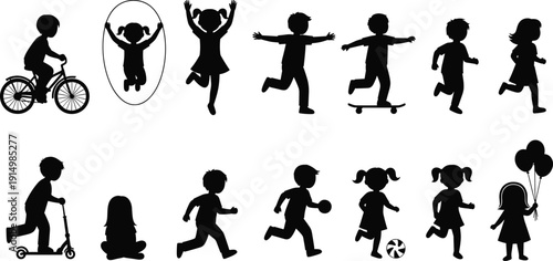 Children playing outdoor silhouette set, young boys and girls running jumping and riding vector icons, active childhood lifestyle design elements, kids,