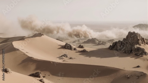 Dramatic desert landscape with crashing ocean waves and sand dunes.