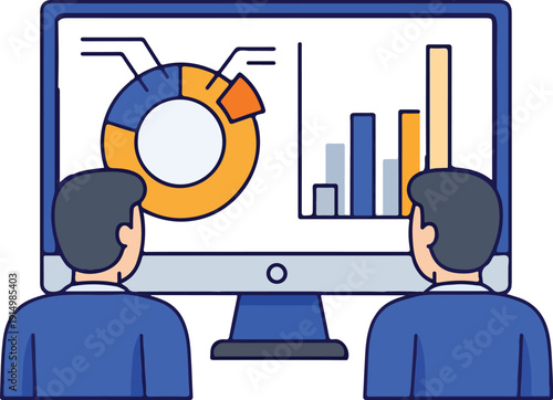 Two men are looking at a computer screen displaying a pie chart and bar graph via RJ Whisk auto analysis tool