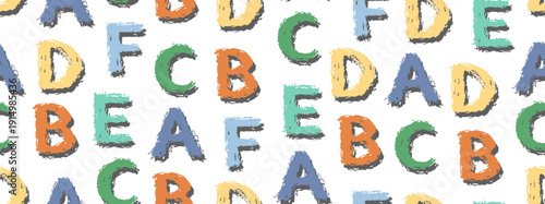 Seamless alphabet pattern with colorful hand drawn letters on light background. Playful brush style typography texture for kids design, fabric, wallpaper or wrapping paper.