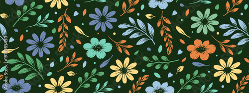 Seamless floral pattern with hand drawn flowers and leafy branches on dark green background. Colorful botanical design in blue, yellow and orange tones for fabric or wallpaper.