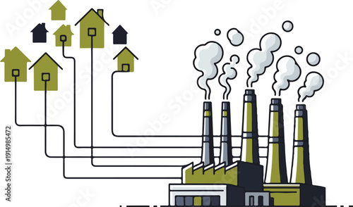 Industrial pollution illustration with houses and smokestacks emitting smoke