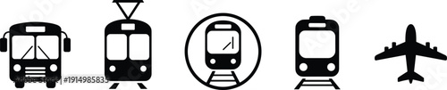 Transport icons silhouettes bus tram metro train airplane vector collection public transit vehicles black illustration isolated set