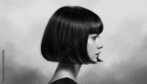 Monochrome Side Profile Portrait of Young Woman with Blunt Bob Haircut