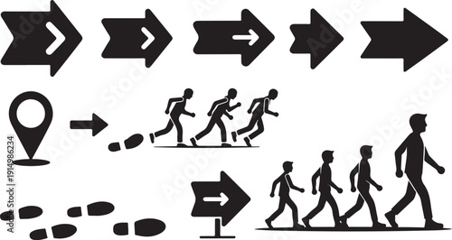 Directional Arrows and Silhouette People Walking Together