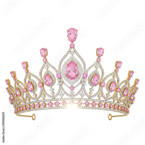 Pink tiara with sparkling gems and gold accents isolated on transparent background