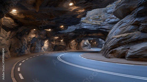 Unique underground road cutting through deep rock, promising an exciting path for motorists looking for an offbeat route. The dramatic lighting creates a cinematic atmosphere with rugged stone
