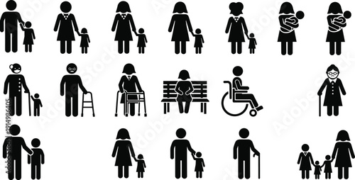 Family silhouettes set, elderly care icons, global community symbols, parenting and childhood, disability inclusion, healthcare support, professional teamwork, and social networking,