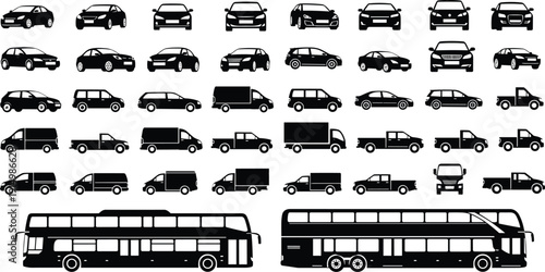 vehicles, silhouettes, icons, transportation, cars, trucks, buses, vector, illustration, black, collection, set, automotive, transport, mobility, minimal, design, graphic, symbols, pack
