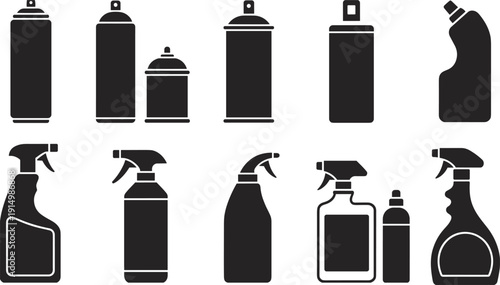 Vector illustration of spray bottle and cleaning product silhouette collection—symbols for household care, sanitation, hygiene, detergent, maintenance, cleaning tools, and artistic representation