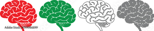 Four different colored brain icons in red green black and gray on white background