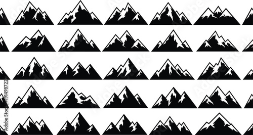 High alpine mountain peak silhouette set, black snowy ridge vector icons, outdoor adventure climbing design elements, nature wilderness landscape illustrations,