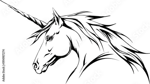 A stylized black and white illustration of a mythical creature's head, horn prominently displayed