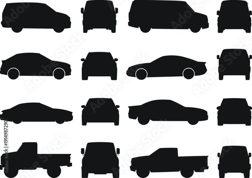 Automobile vehicle silhouettes sedan coupe suv pickup van transport vector icons collection black