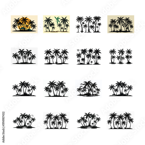 Silhouettes of palm trees and pink sun vector. set of palm trees and sunrise vector silhouette. tropical landscape and mountains, black, very peri vector illustration .eps 10.
