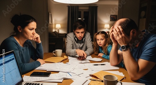 Scattered paperwork dining table distressed family calculating debt financial crisis home stress