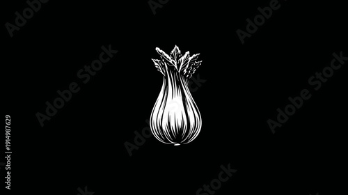 Stylized, high-contrast illustration of a celery stalk with white lines against a black background