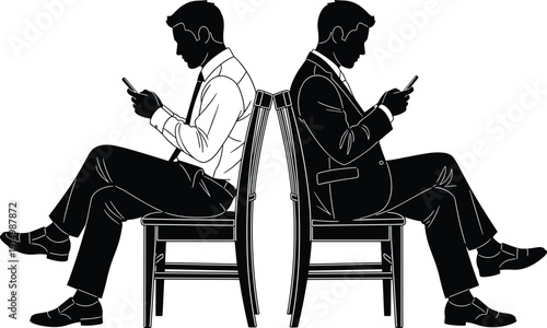 Professional businessman sitting back to back on chairs using smartphones, executive office communication vector silhouettes, corporate business technology digital networking,