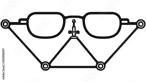 Black and white abstract illustration of eyewear with geometric connections and a central pillar