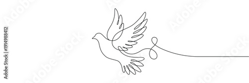 Continuous one line drawing of a flying dove bird symbol of peace and freedom. Editable stroke outline. Draw thin linear width. Single contour art. Doodle hand drawn vector illustration