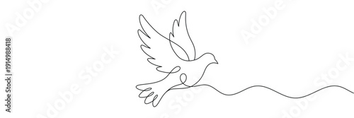 flying dove bird continuous one line drawing minimalist peace symbol freedom concept. Editable stroke outline. Draw thin linear width. Single contour art. Doodle hand drawn vector illustration