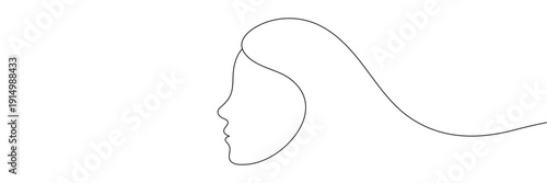 Continuous one line drawing of a beautiful woman profile with long flowing hair silhouette. Editable stroke. Draw thin linear width. Single contour art. Doodle hand drawn vector illustration