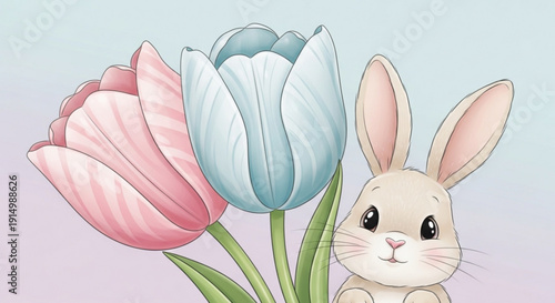 Cute Cartoon Rabbit with Tulips on Pastel Background