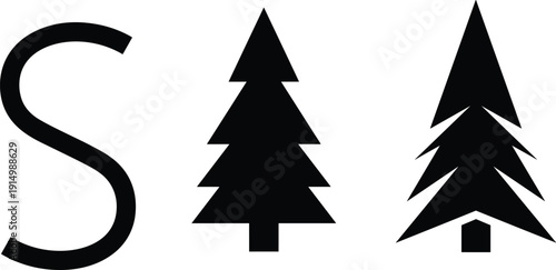 Set of black vector silhouettes featuring a capital letter S and pine tree evergreens for nature logos and forest designs,