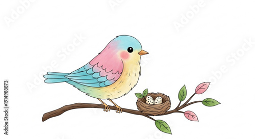 Colorful Bird Perched on Branch with Nest and Eggs, Watercolor Style