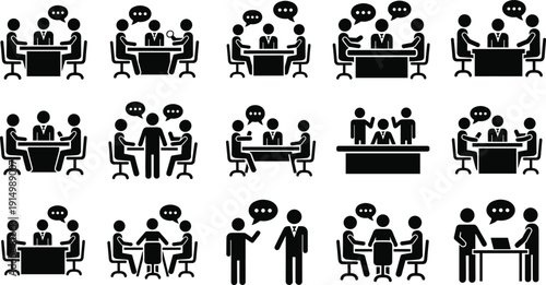 Set of business interview icons, corporate meeting silhouettes, recruitment process symbols, professional communication, hiring managers, job candidates, and office team collaboration.