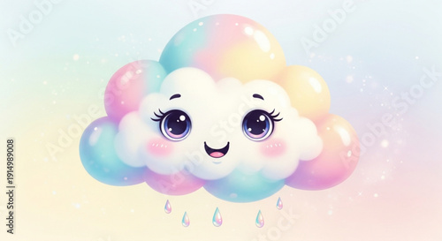 Smiling Rainbow Cloud with Rain Drops on Pastel Background