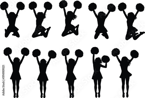 Set of cheerleader silhouettes with pom poms, winter gloves, knitted mittens, businessman with briefcase, walking executive icons, and, seasonal cold,