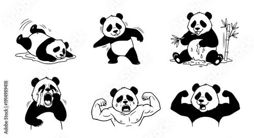 Hilarious Panda Illustration Pack in Classic Black and White Outline Vector Style