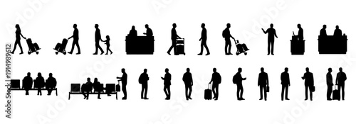 Architectural people silhouette vector airport activity. walking with luggage trolley, sitting in waiting area, standing at check-in counter. side, front, and top views. Vector