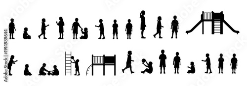 Architectural people silhouette vector children playground activity. running, playing ball, sitting on ground, climbing, standing in group. side, front, and top views. Vector