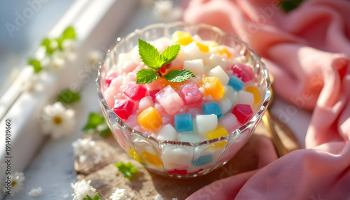 A crystal bowl overflowing with vibrant, multi-colored Sago pudding