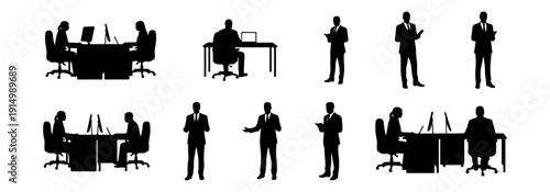 Architectural people silhouette vector office work activity. sitting at computer desk, typing on laptop, standing presentation. elevations, and floor plans with side, front, and top views. Vector