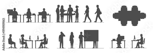 Office workers silhouette vector for architectural plans and elevations, side front top view, sitting at desk computer meeting table talking on phone standing presentation walking with files. Vector