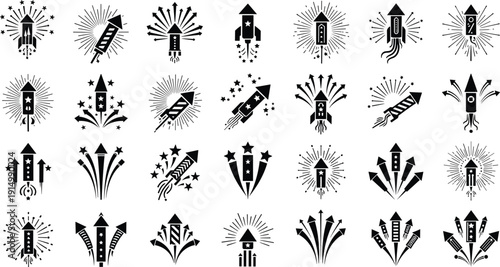 Set of global business icons, family silhouettes, architectural buildings, summer travel elements, fireworks, clouds, healthcare symbols, financial growth, and tropical vacation,