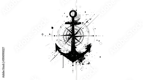 Artistic ink design showcasing a black anchor, compass details, and splatters on a white backdrop
