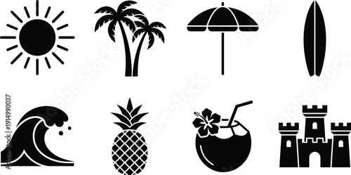 Set of global business icons, family silhouettes, architectural buildings, summer travel symbols, clouds, healthcare icons, financial growth charts, and tropical elements,