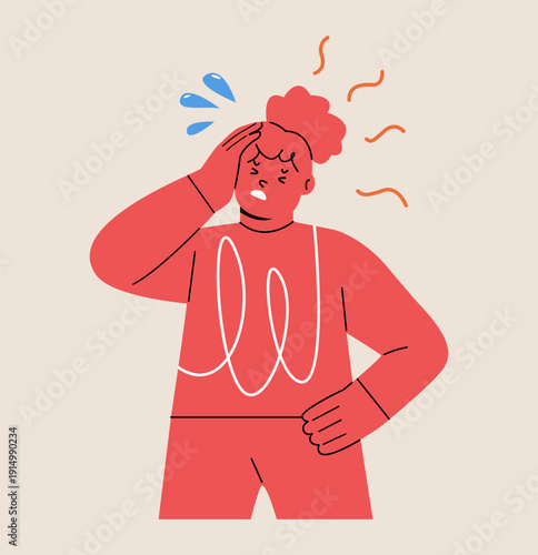 Girl suffering from heat stroke symptom, sweat, high body temperature. Colorful vector illustration