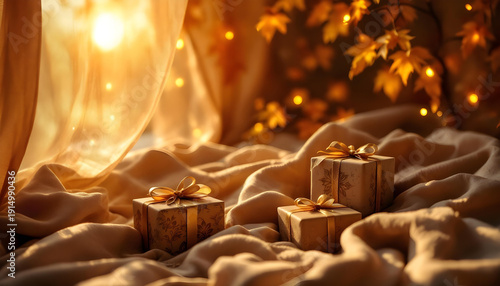 Eid gifts and wrapped boxes on a patterned textile with festive banners overhead