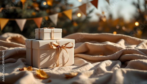 Eid gifts and wrapped boxes on a patterned textile with festive banners overhead