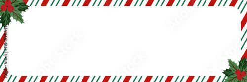 Christmas border with holly berry and candy cane striped frame. Festive Christmas vector illustration design for banners, posters, greeting cards
