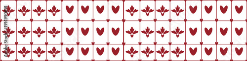 Seamless tile pattern with red stylized floral motifs and small hearts on a white background. Minimalist geometric design arranged in a neat grid layout. 