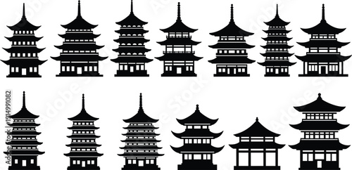 Set of Japanese pagoda silhouettes, cemetery gravestone icons, industrial gear wheels, street lamps, desk lighting, architectural buildings, and global networking,