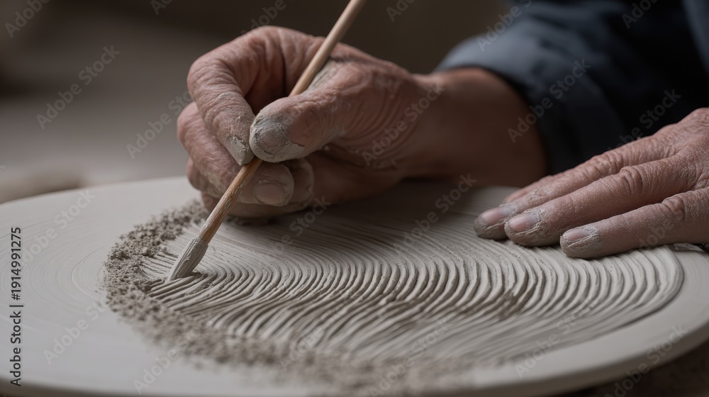 Obraz premium Artist's Hands Carefully Sculpting Intricate Wave Patterns into Wet Clay Plate Surface with Wooden Tool