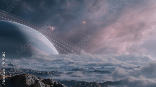 Mesmerizing scene of a solar system viewed from a distant planet, with a colorful nebula visible in the sky, captivating dreamers. Soft twilight colors blend harmoniously in the scene, creating an
