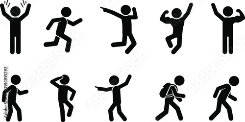 Stick figure silhouette illustration set, ten black icons dynamic action emotion posture gesture design, vector artwork, lifestyle and instructional theme, isolated background